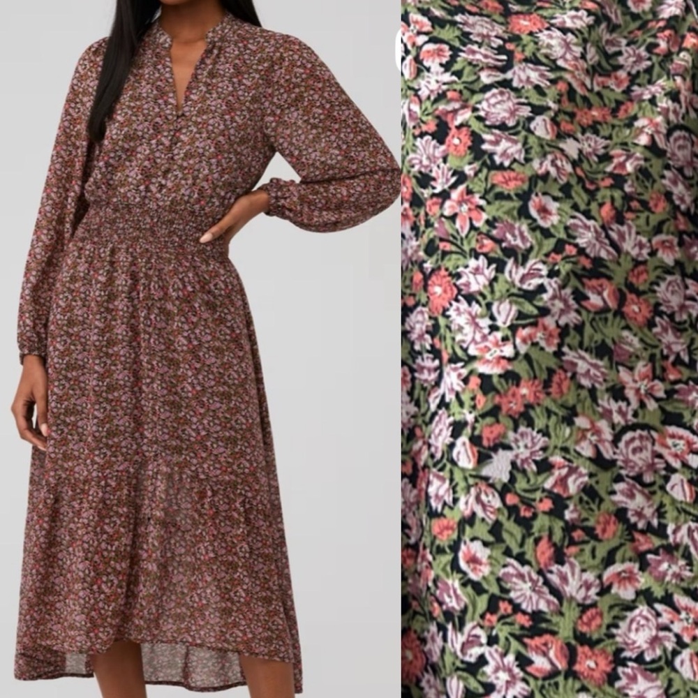 MINKPINK Large Safi Maxi Dress Ditsy Floral Smocked Waist V-neck Button Front